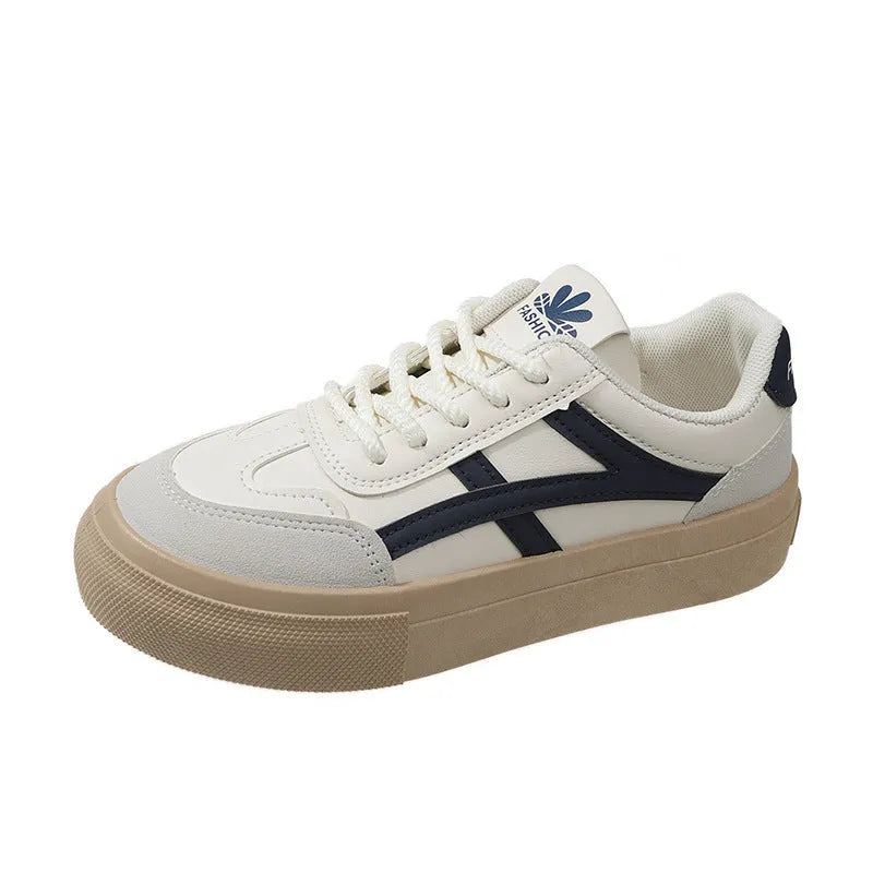 Women's blue and brown casual sports shoes with artificial PU leather upper and front lace-up fastening