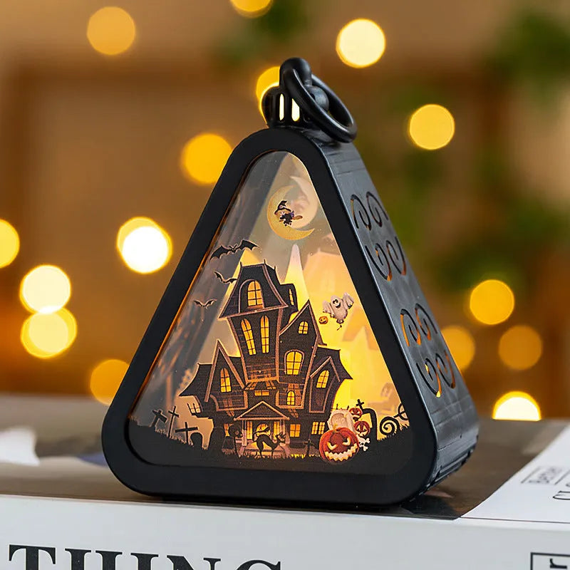 Portable Halloween pumpkin lamp decoration measuring 8.9cm with four colour designs