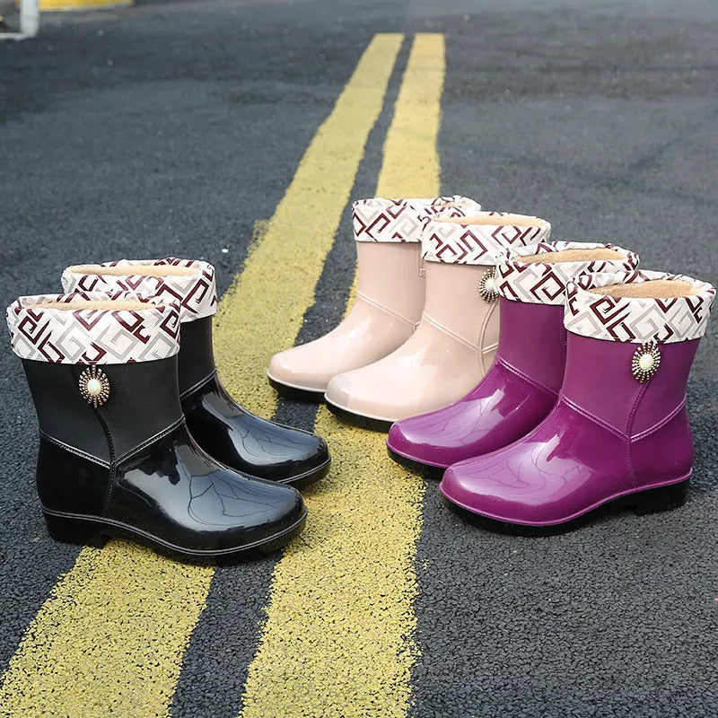 Women's low tube PVC rain boot in beige colour with non-slip sole.
