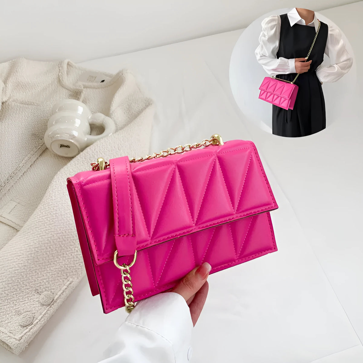 Small square PU crossbody bag with chain strap, 22cm wide, in white black green rose red or orange