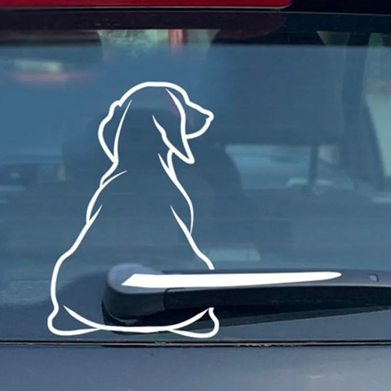 Cartoon dog design car sticker for rear window portraying a wiper, in black or white.