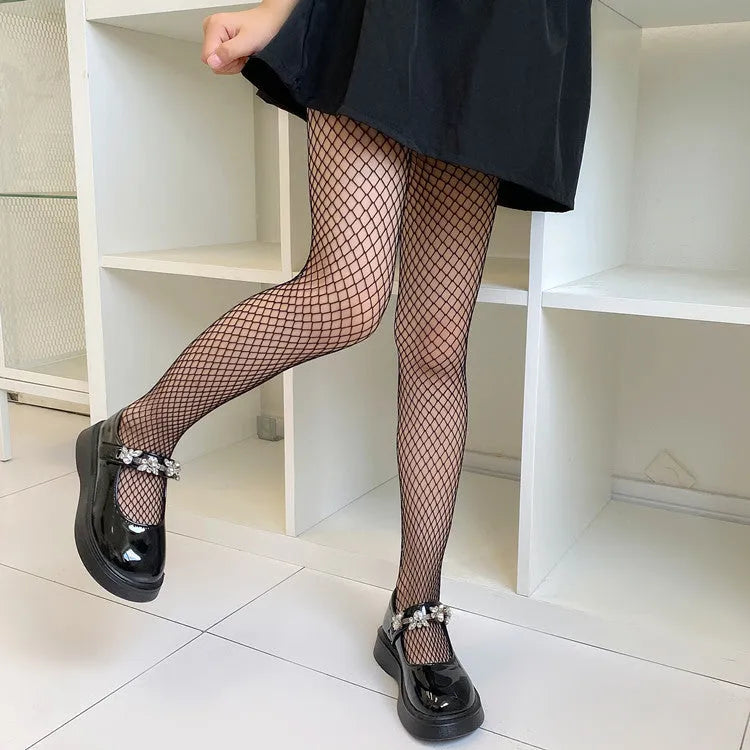 Women's thin mesh stockings in large, medium, and small net patterns in black and white.