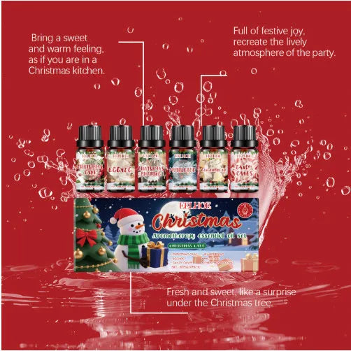 Christmas aromatherapy oil set with six small 10ml bottles for festive home fragrance diffusing