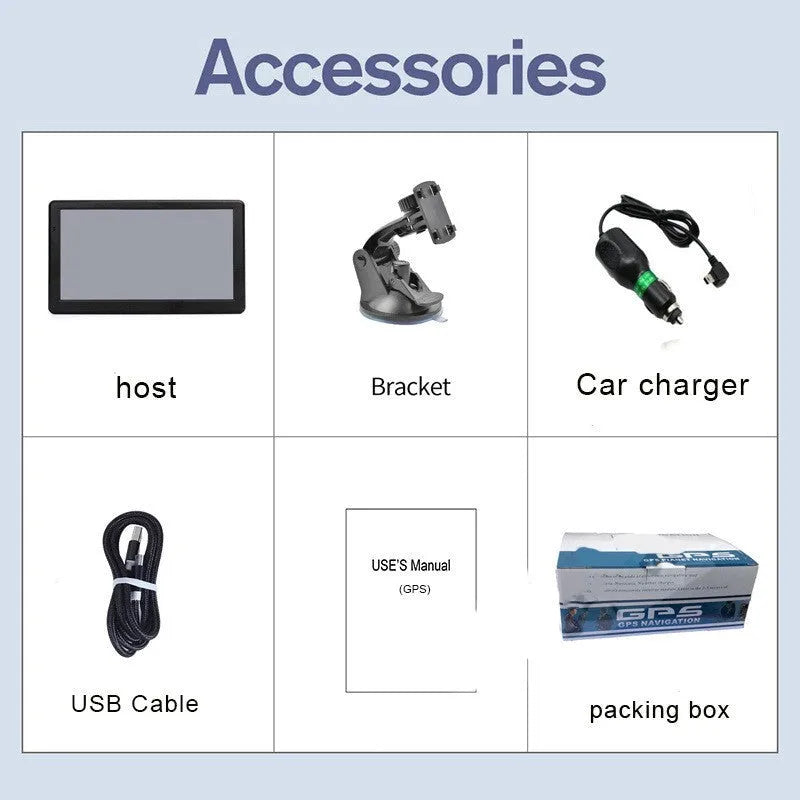 A 7-inch portable car GPS navigation device showing a map on its HD screen, with a car charger and mounting bracket.