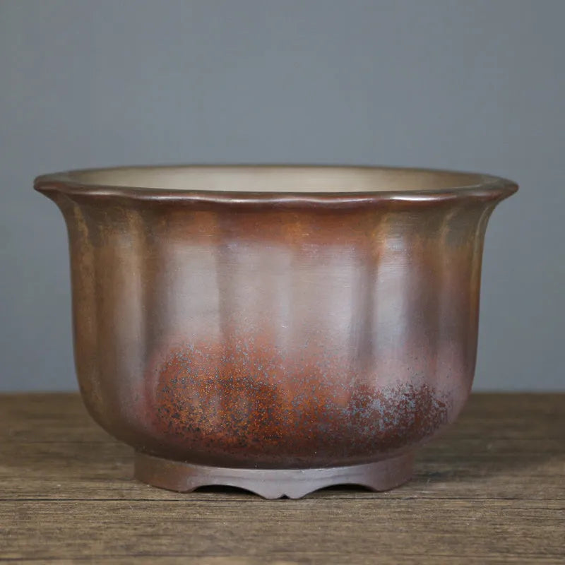 Indoor antique carved wood burning ceramic flowerpot with purple sand material for bonsai display