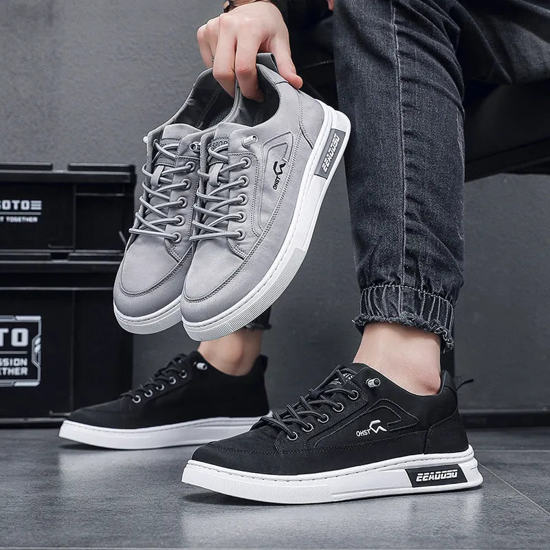 Grey men's canvas lace-up casual shoes with leather lining and rubber sole