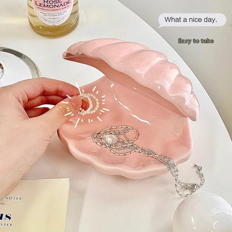 Yellow white porcelain decorative tray with optional small night light, pink and white shell options.