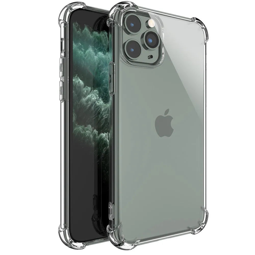 Clear shockproof TPU iPhone case showing transparent protection for multiple iPhone models