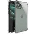 Clear shockproof TPU iPhone case showing transparent protection for multiple iPhone models