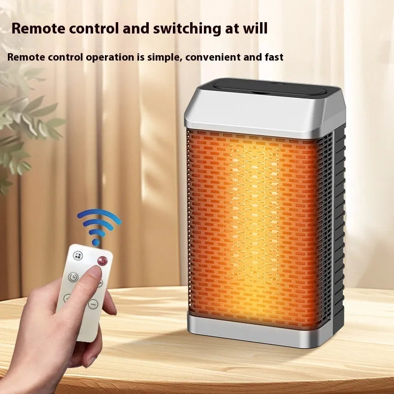 Black remote control desktop electric heater showing compact dimensions and shaking head mechanism