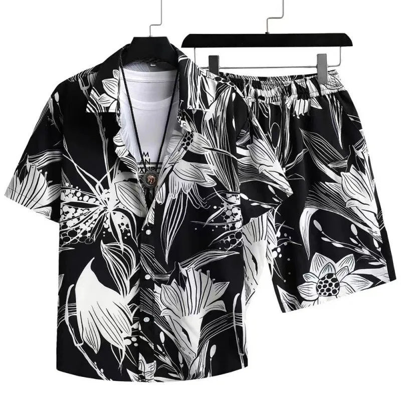 Man wearing a digitally printed short sleeve shirt and matching shorts from a casual cardigan suit set.