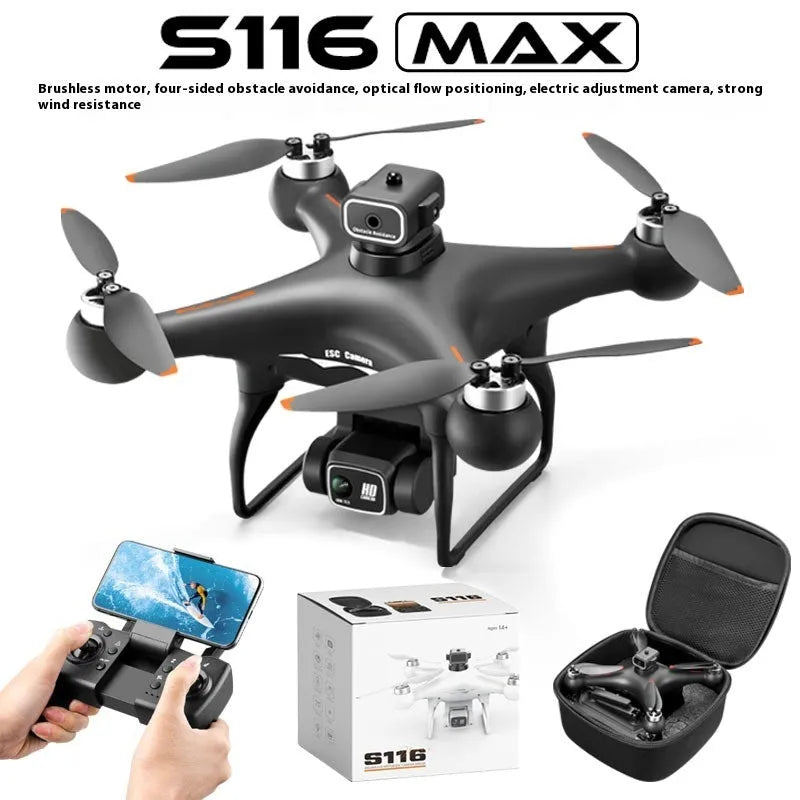 Black HD brushless UAV drone with four propellers, remote control, battery, and camera shown on a white background.
