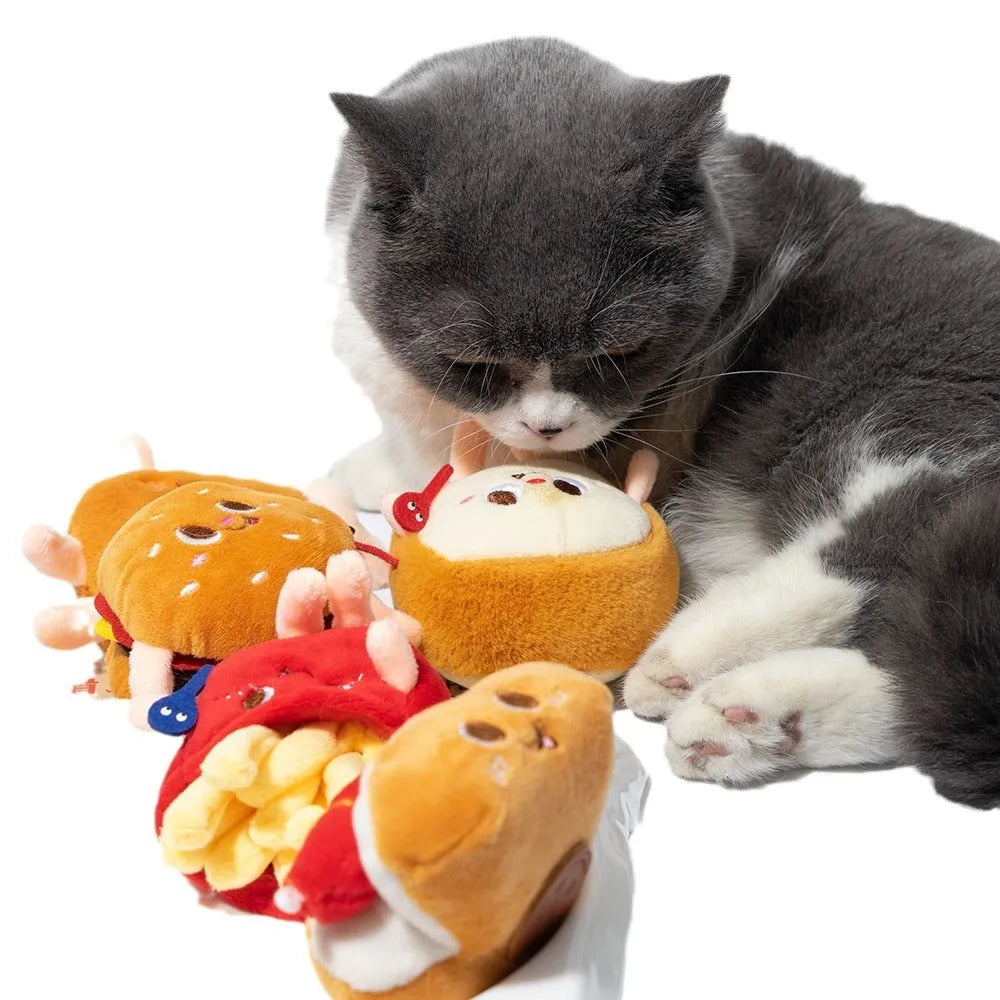 Soft cat teething toy with hamburger and chicken leg designs for kitten chewing