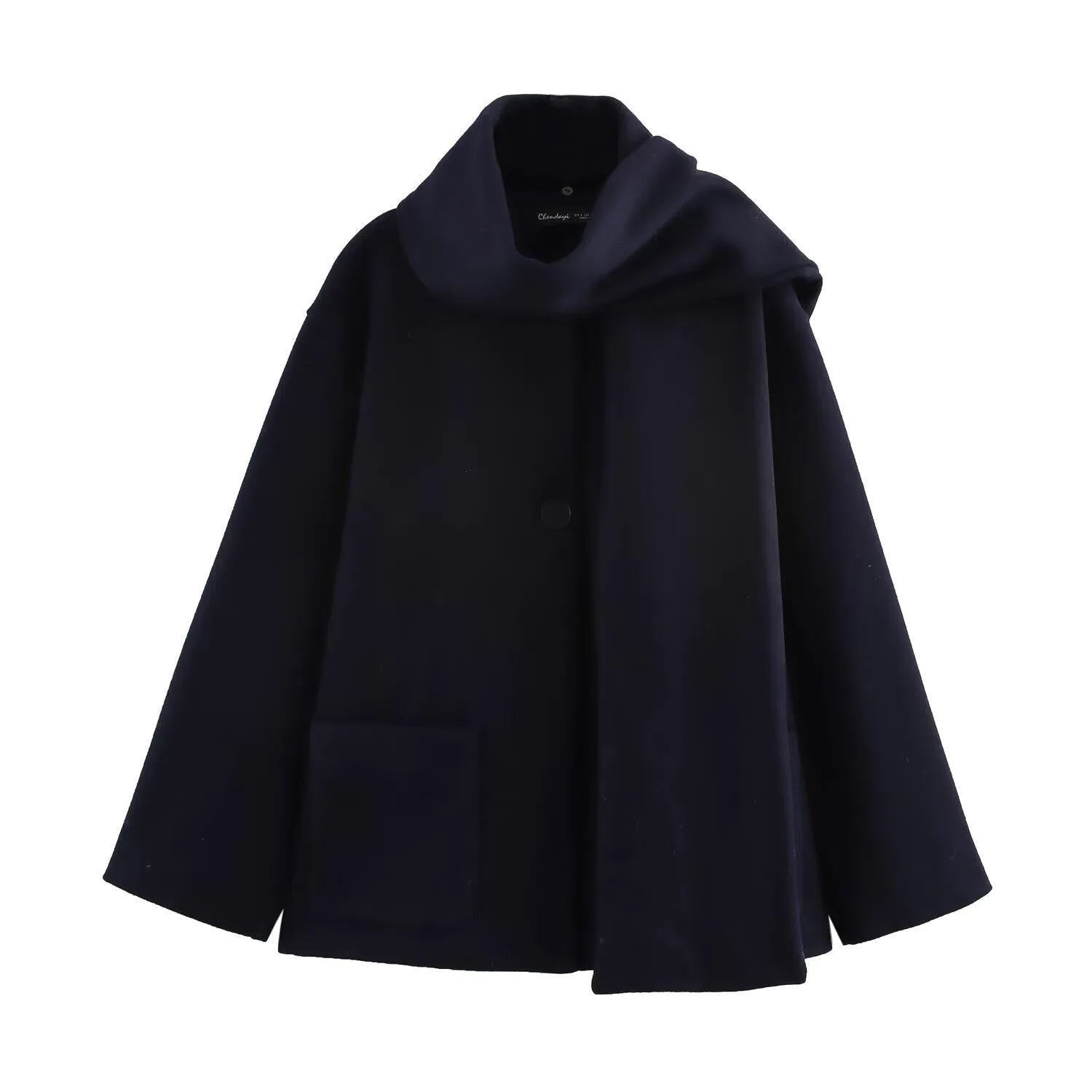 Women's long grey polyester coat with an artificial fur collar and pockets.