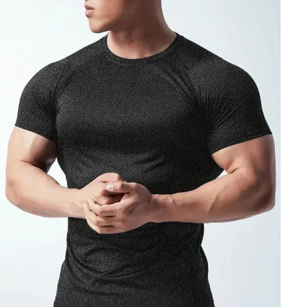 Men's quick-drying stretch casual T-shirt in black with round neck and short sleeves