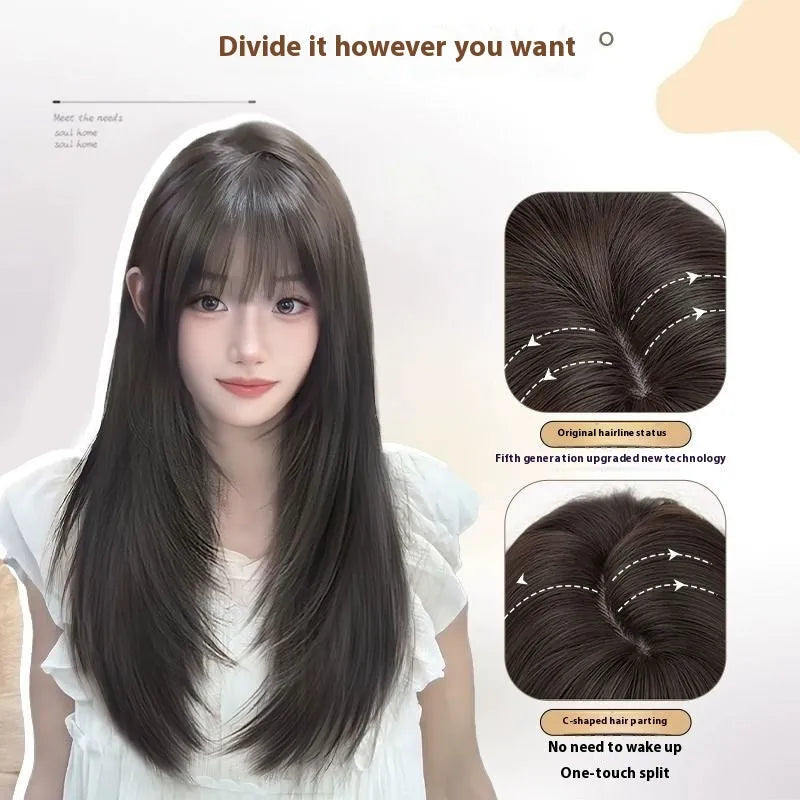 Black long straight high-layered wear-free hair net wig on display stand