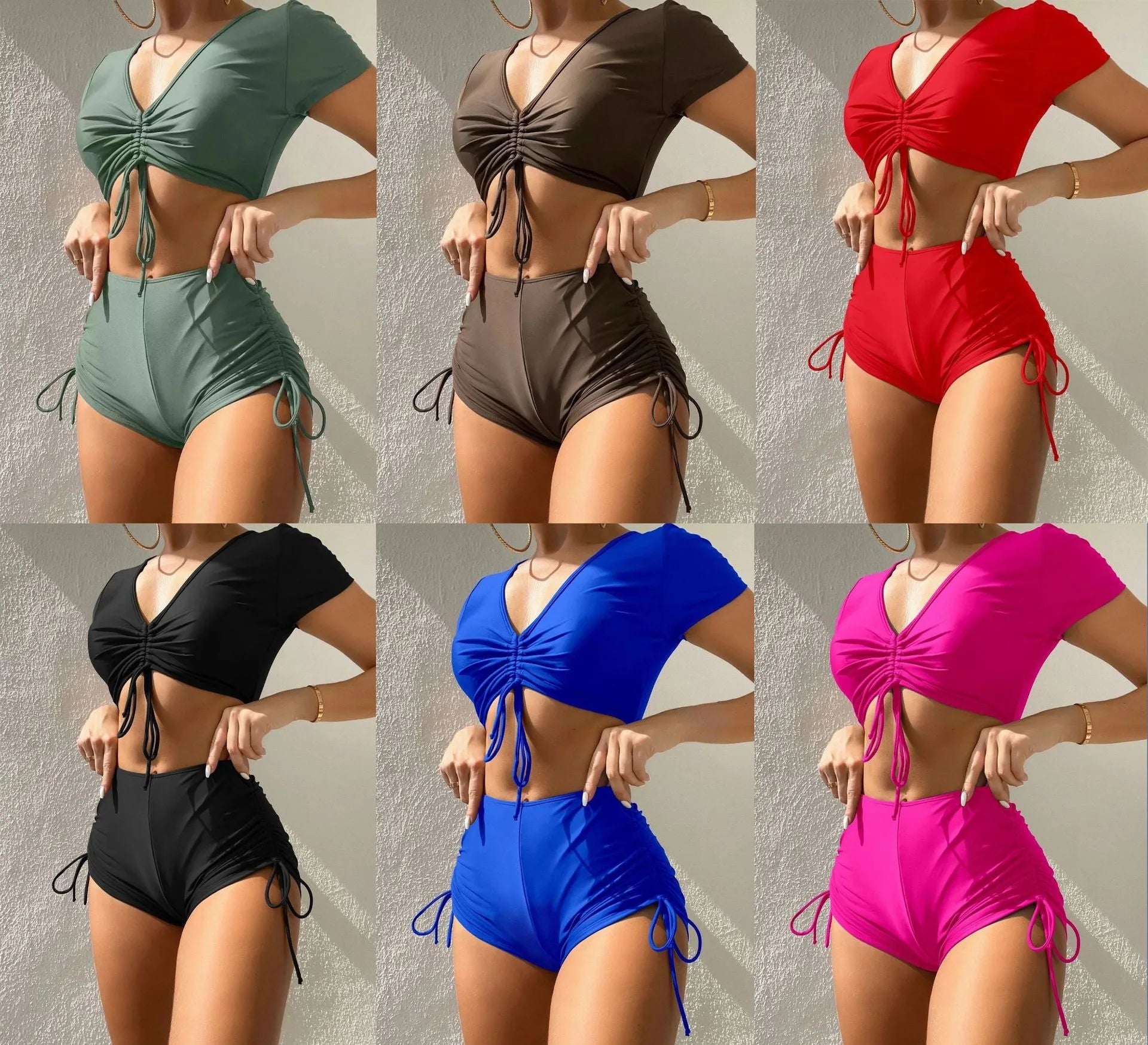 Women's dark green lace-up swimsuit top and shorts with a bow detail