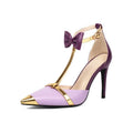 Plus size purple closed toe high heel sandals with ankle buckle on white background