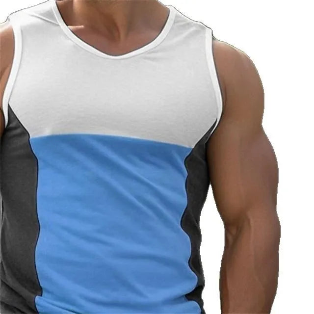 Men's blue contrast colour sports vest for running and fitness.
