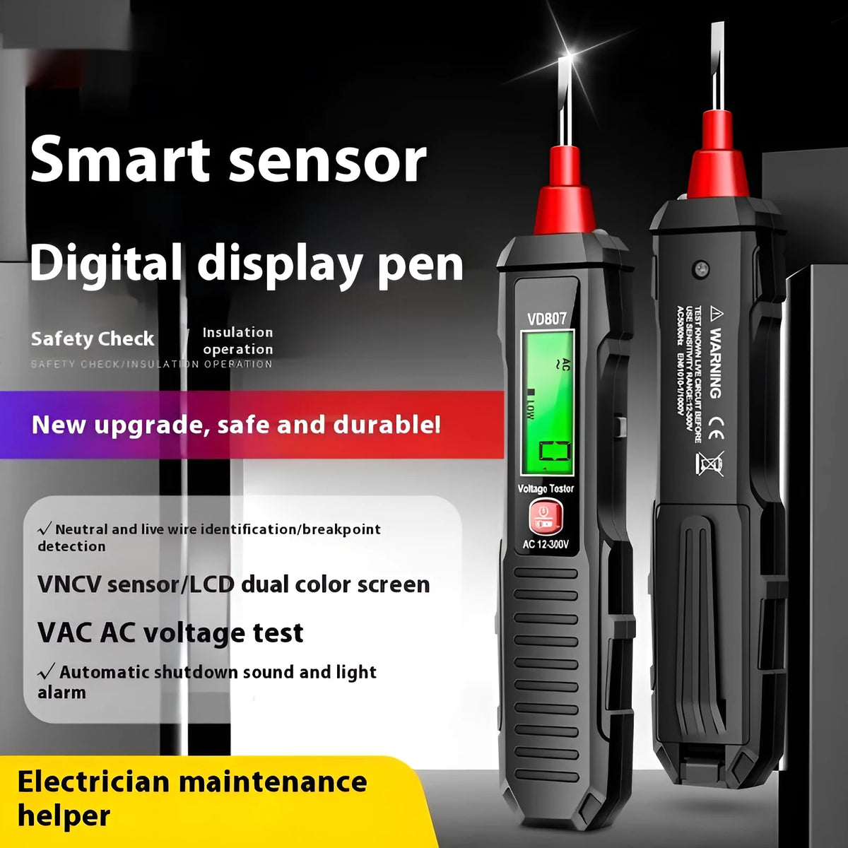 Black digital voltage detector pen with LCD display showing voltage reading