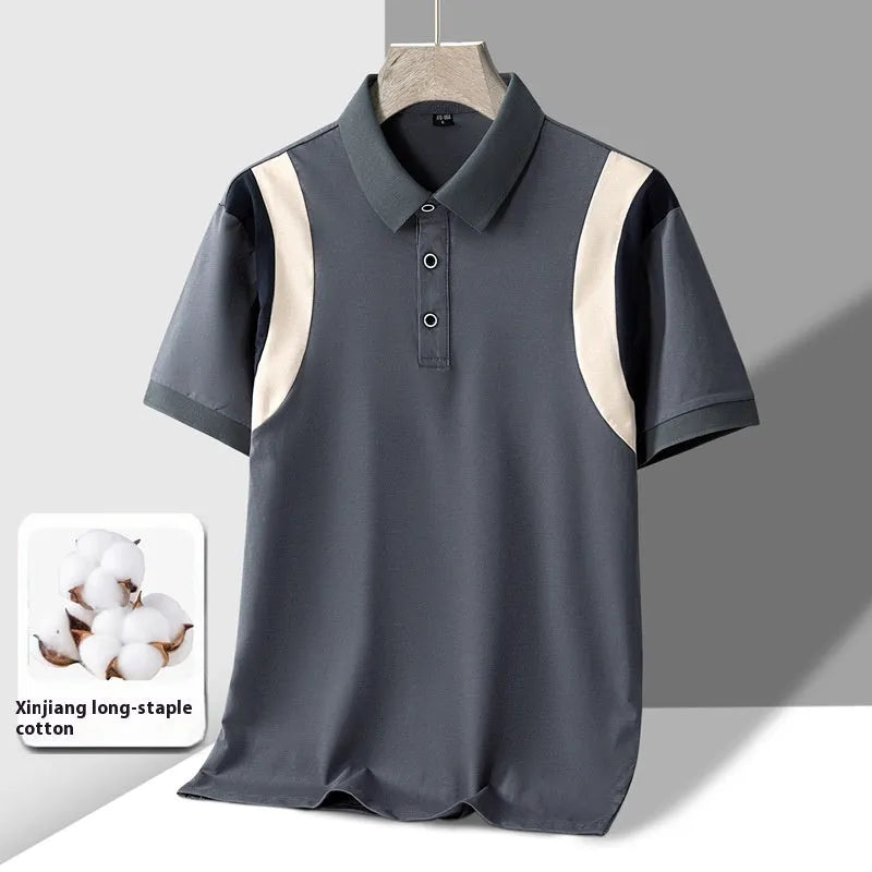 Men's thin striped cotton short sleeve t-shirt with a business lapel collar in a Korean-style loose fit.