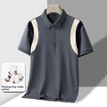 Men's thin striped cotton short sleeve t-shirt with a business lapel collar in a Korean-style loose fit.