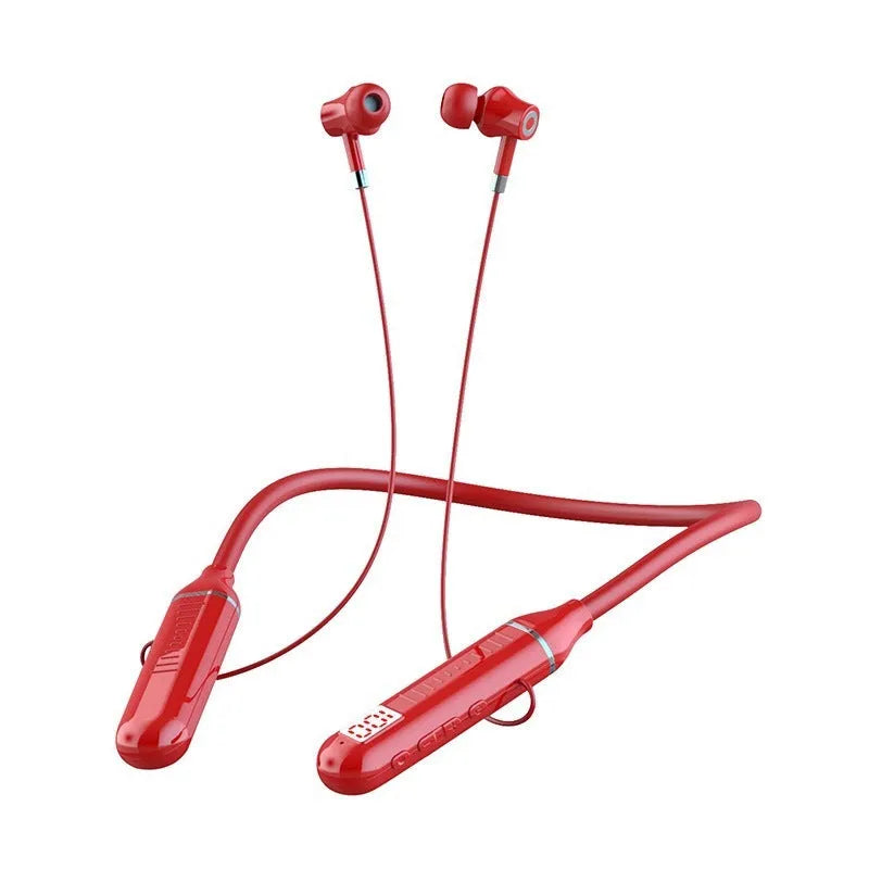 Wireless Bluetooth sports headset with neckband design showing power display and available in black, red, purple, or green