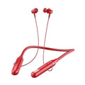 Wireless Bluetooth sports headset with neckband design showing power display and available in black, red, purple, or green