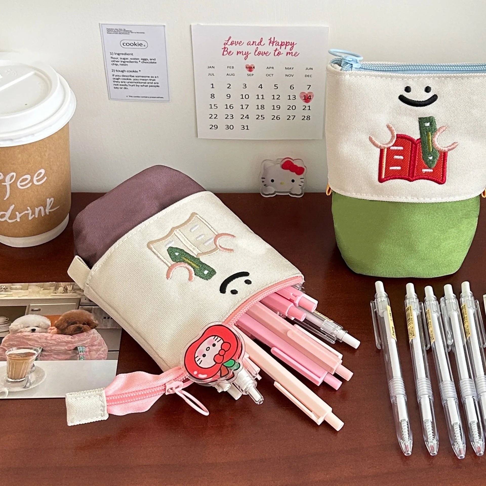 Brown Korean-style collapsible pencil case with Oxford fabric construction showing 17cm by 14cm dimensions