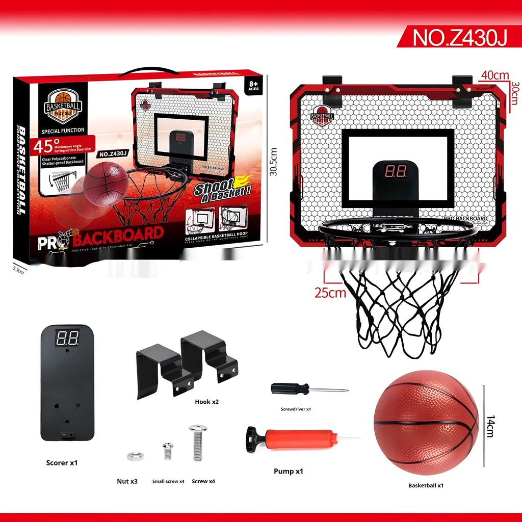 Red folding basketball frame with suction cups mounted on wall showing 400x300mm panels