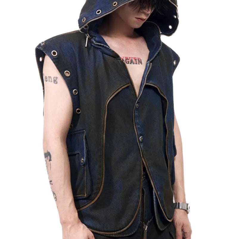 Blue Korean style hooded denim vest coat with matching trousers, front zipper closure