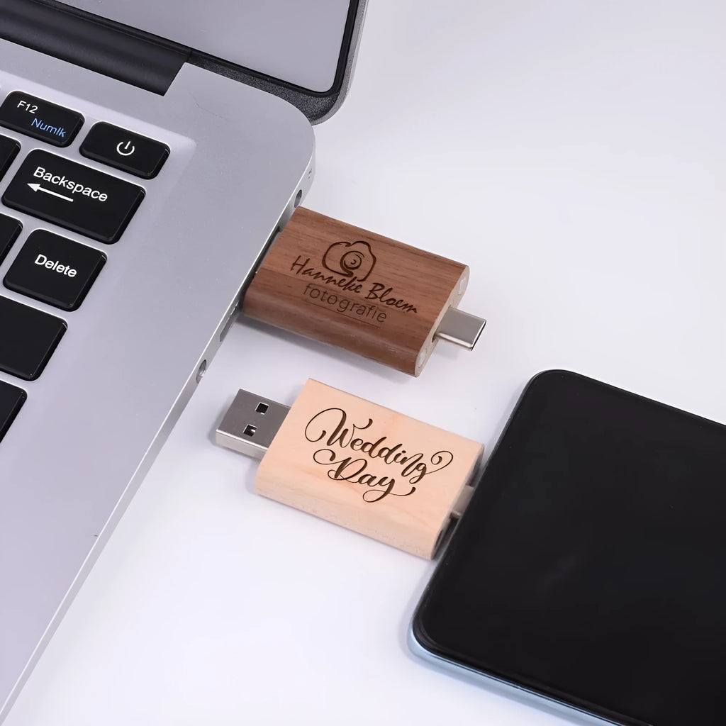 Maple wood USB flash drive with TYPE-C connector showing wooden construction and dual interfaces