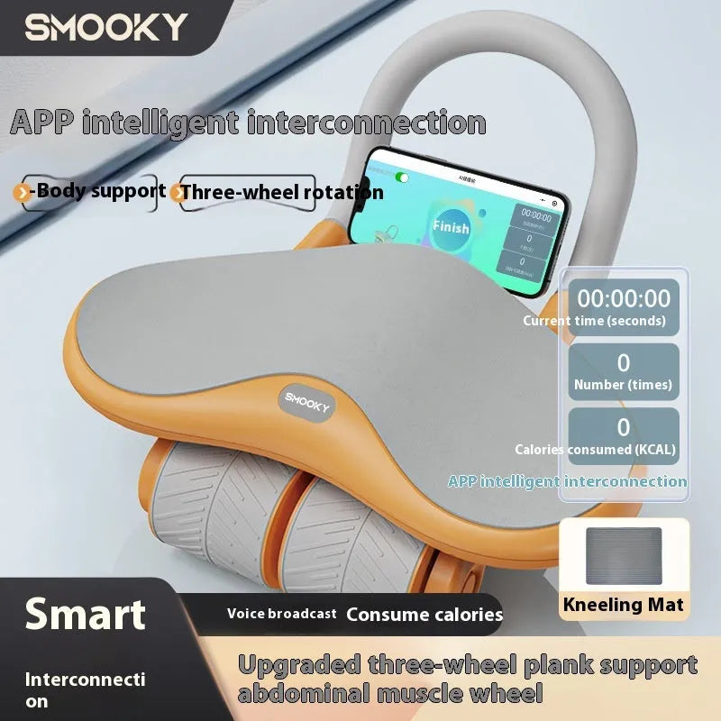 Three-wheel abdominal fitness equipment with automatic rebound in black colour with included knee pad