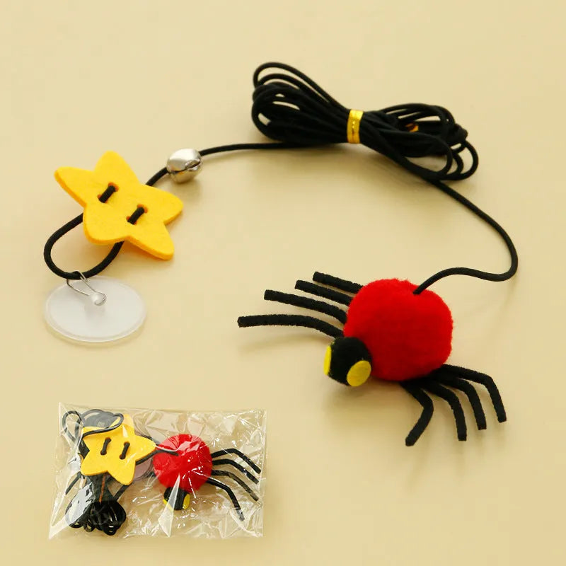 Hanging door cat toy with elastic rope, colourful feather wand, swinging spider decoration and small bell
