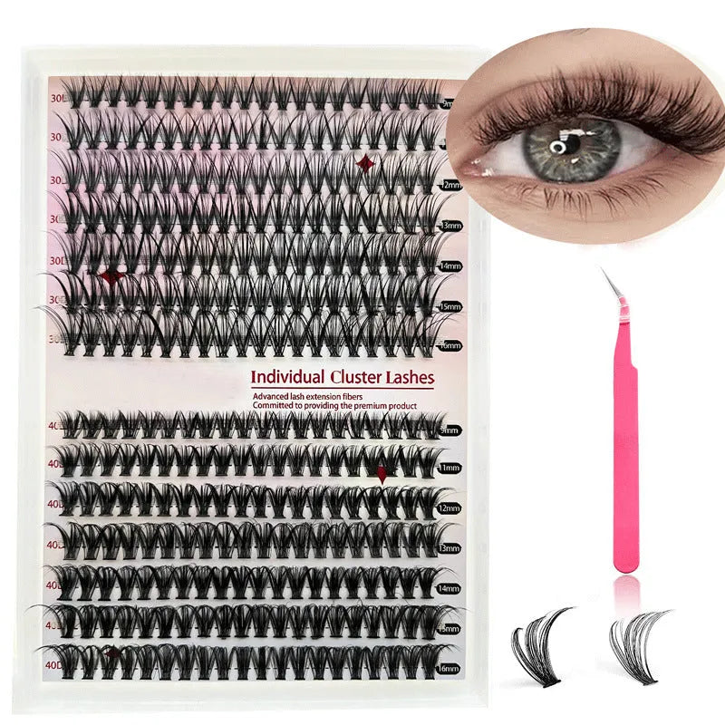 DIY cluster lashes mixed package with 30D and 40D high-grade fibre false eyelashes ranging 9-16mm with tweezers