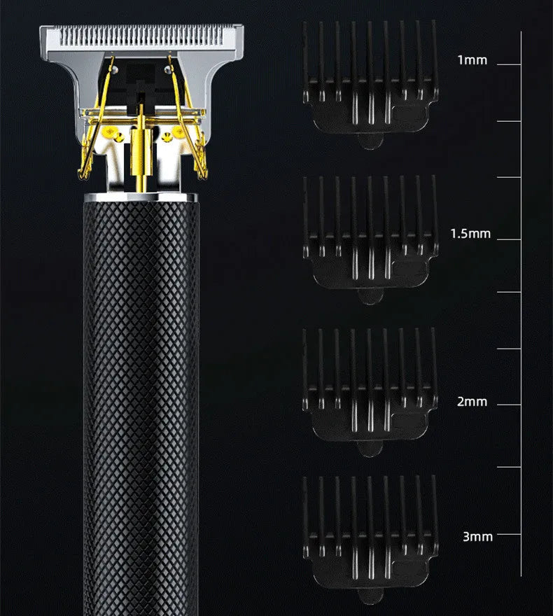 Black USB rechargeable electric hair clipper with four guide combs and cleaning brush