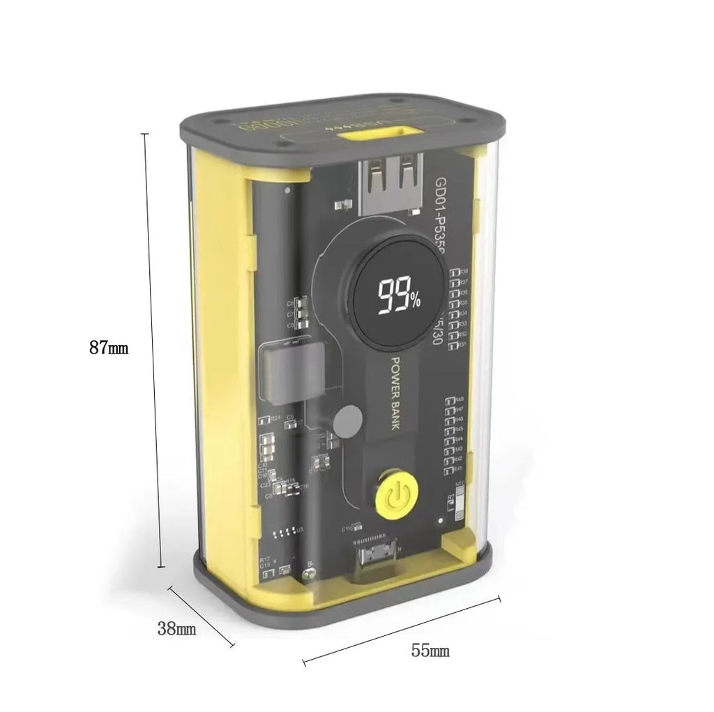 Transparent industrial power bank showing internal aluminium battery case with 10000mAh capacity and multiple USB ports