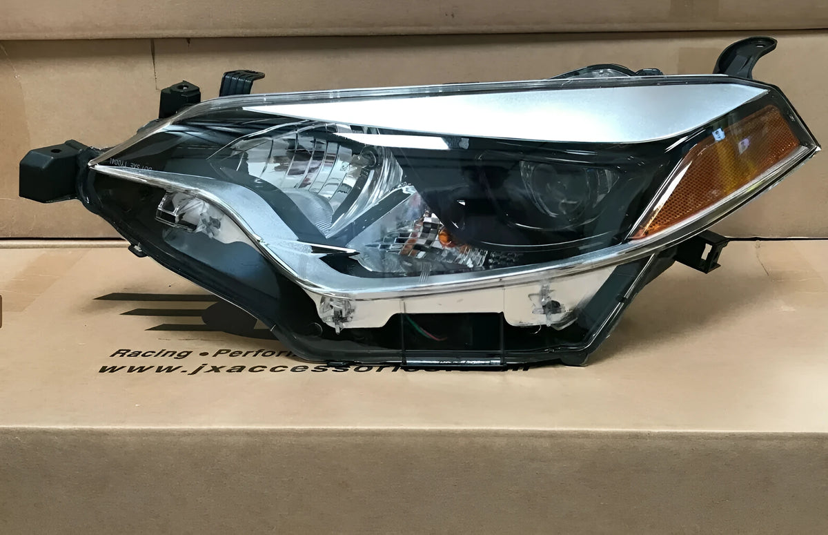 Pair of halogen headlight assemblies for Toyota Corolla with clear lens and black housing trim