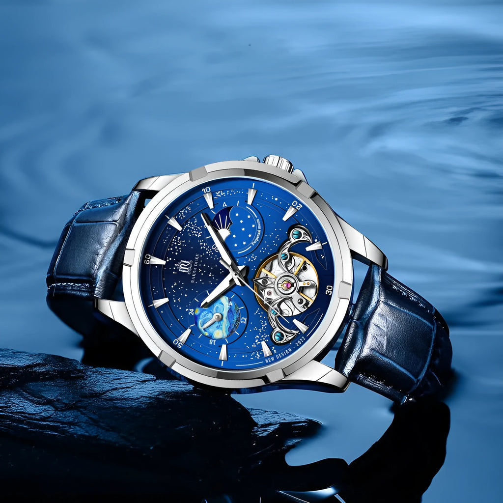 Men's blue dial automatic mechanical watch with stainless steel case