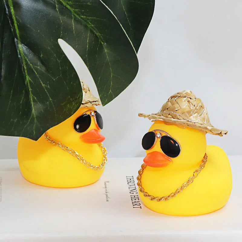Yellow duck wearing straw hat car dashboard ornament with sunglasses necklace accessory