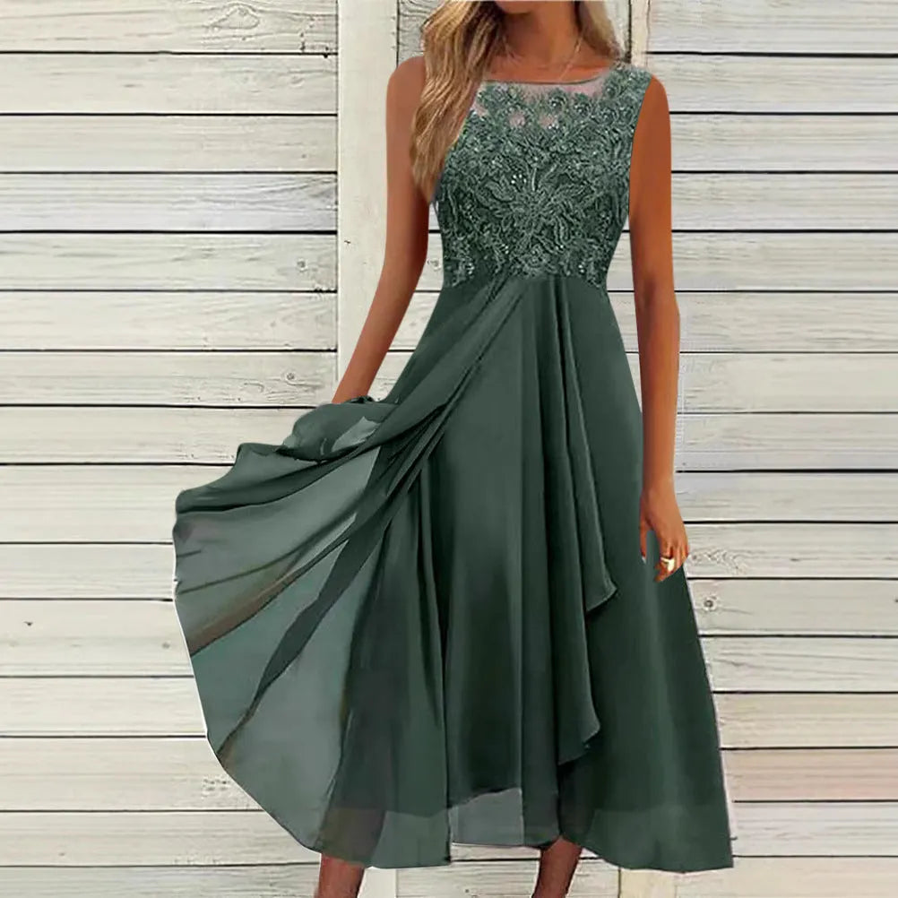 Women's sleeveless chiffon dress with lace hollow-out stitching in fresh sweet princess style