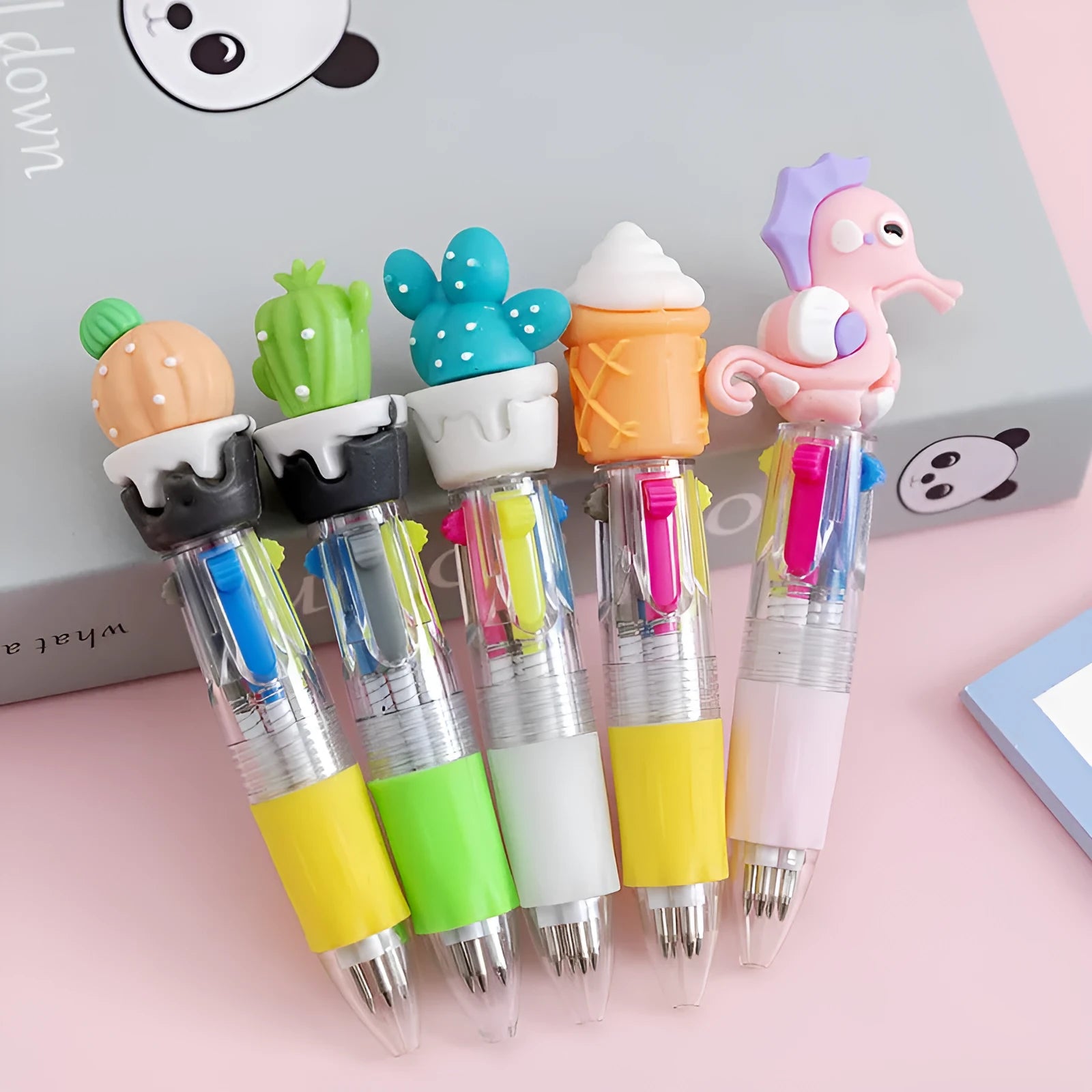 Cartoon themed 4-colour press ballpoint pen with 0.7mm bullet tip in cactus, fast food, or seahorse design