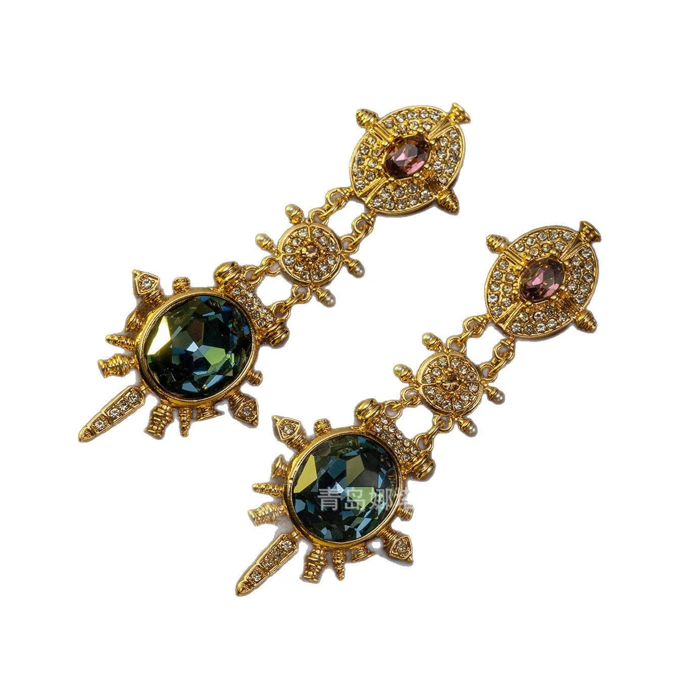 Gold geometry stud earrings with retro styling and diamond treatment surface