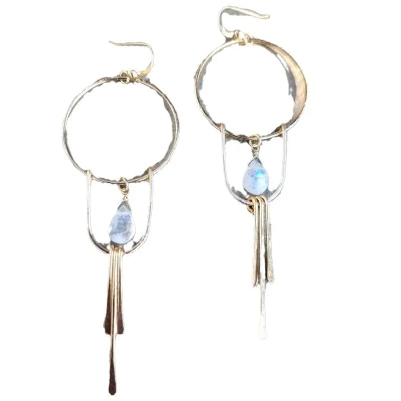 Gold alloy drop earrings with round ring, water drop gem pendant and tassel in Bohemian ethnic style