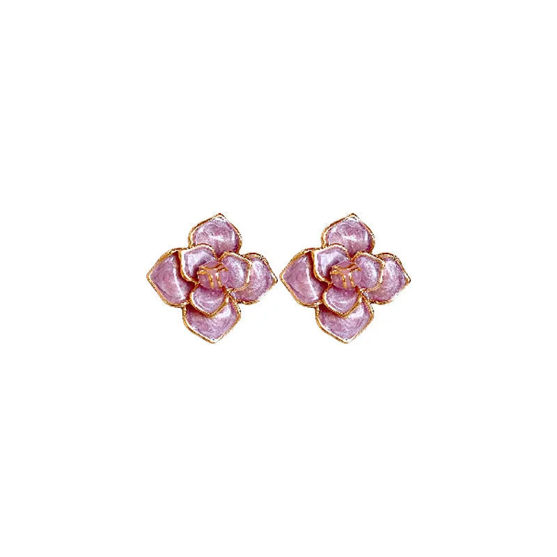 Golden-purple flower stud earrings with oil-spot glaze on copper