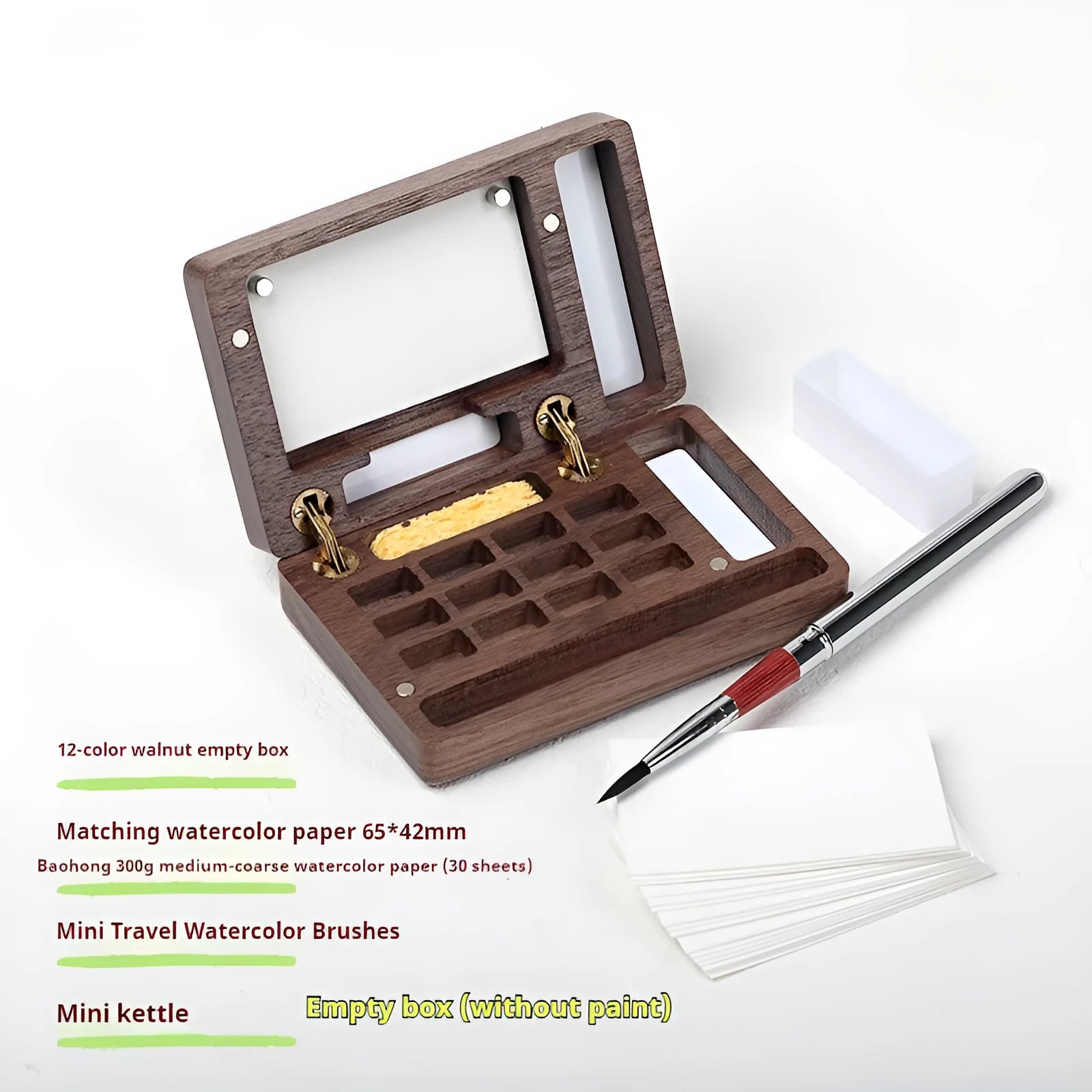 Mini walnut wood watercolour paint box with basic artist pigments and portable design