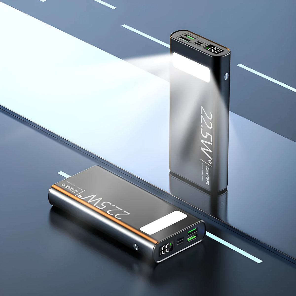Alloy shell power bank showing LCD display, in black, green, red, or blue colour options