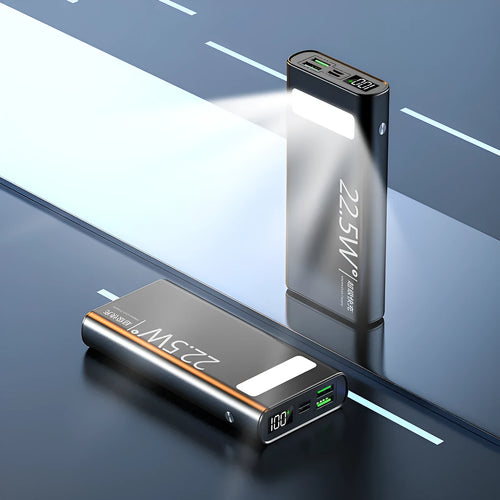 Alloy shell power bank showing LCD display, in black, green, red, or blue colour options