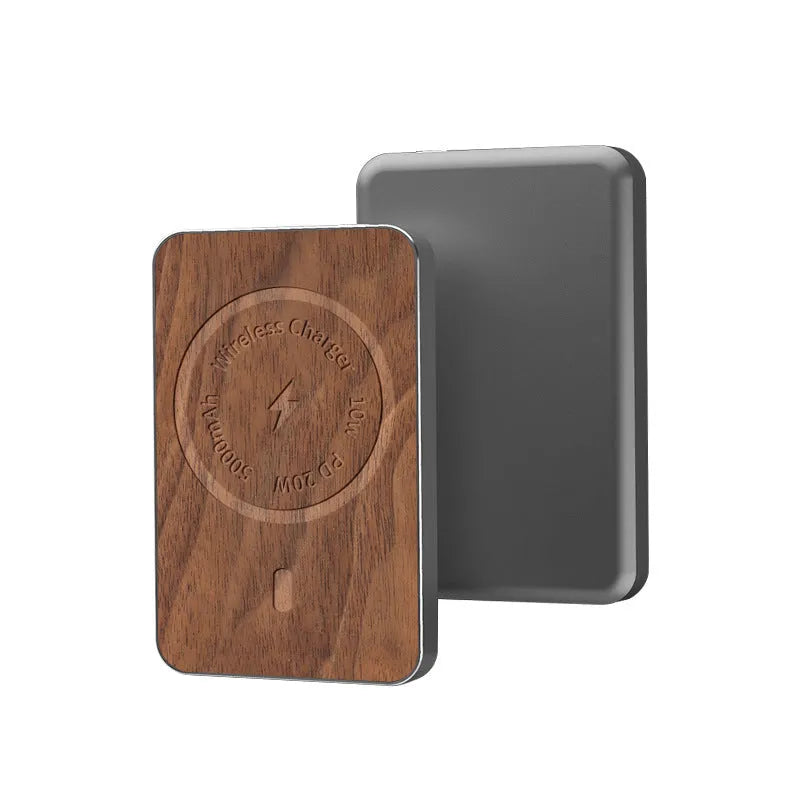 Khaki magnetic wireless charging bank with 5000mAh capacity measuring 102mm x 63mm