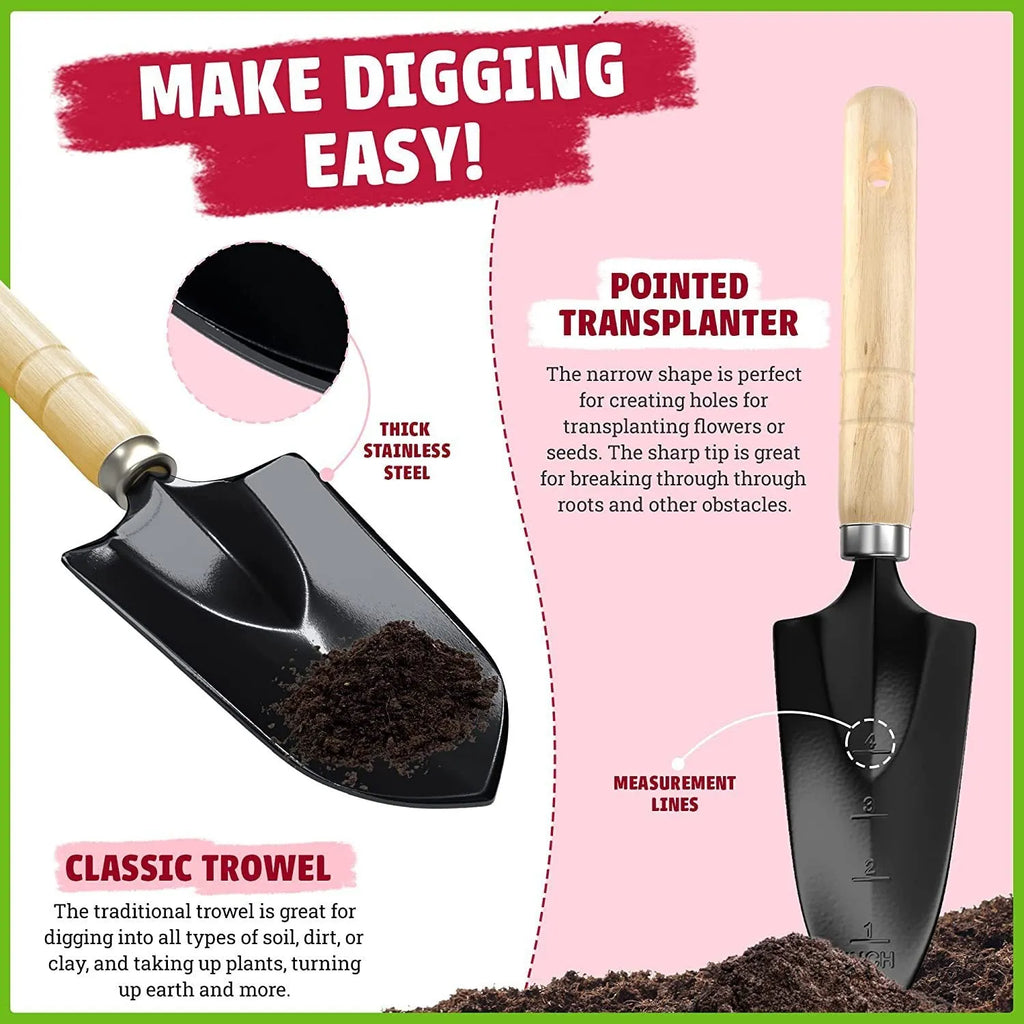 8-piece stainless steel gardening tool set with wooden storage box showing trowel, transplanter, weeder, cultivator, pruner, and digging fork